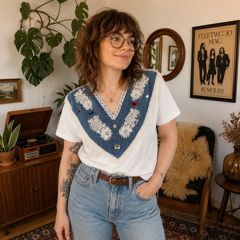 Vintage Jerzees Lace Applique T Shirt Western Prairie Cottagecore USA Women's L